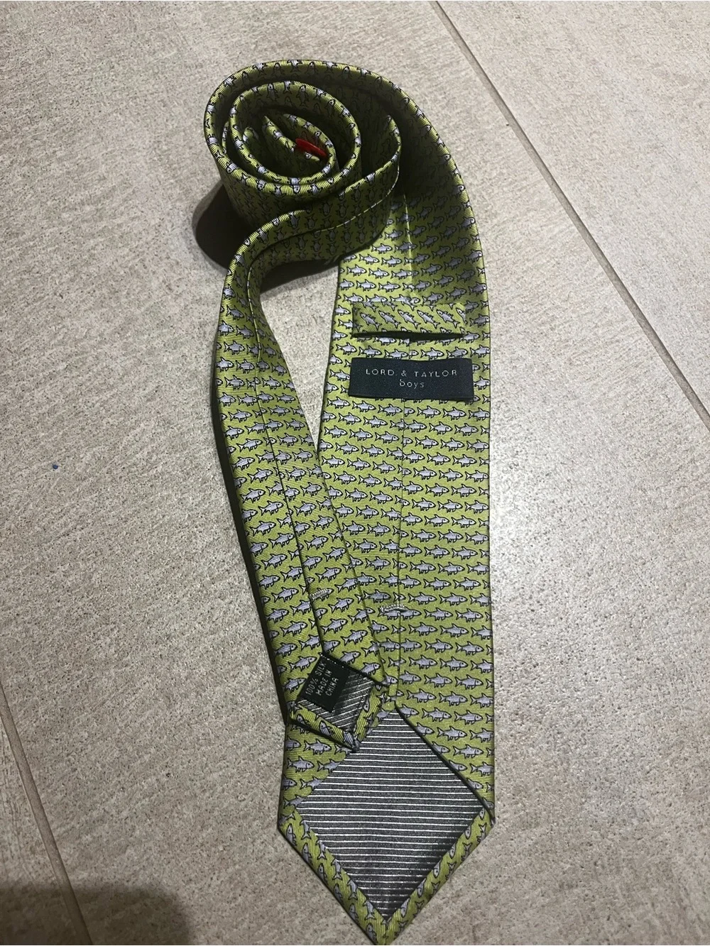 Lord & Taylor Lime Green Fish Motif Silk Tie